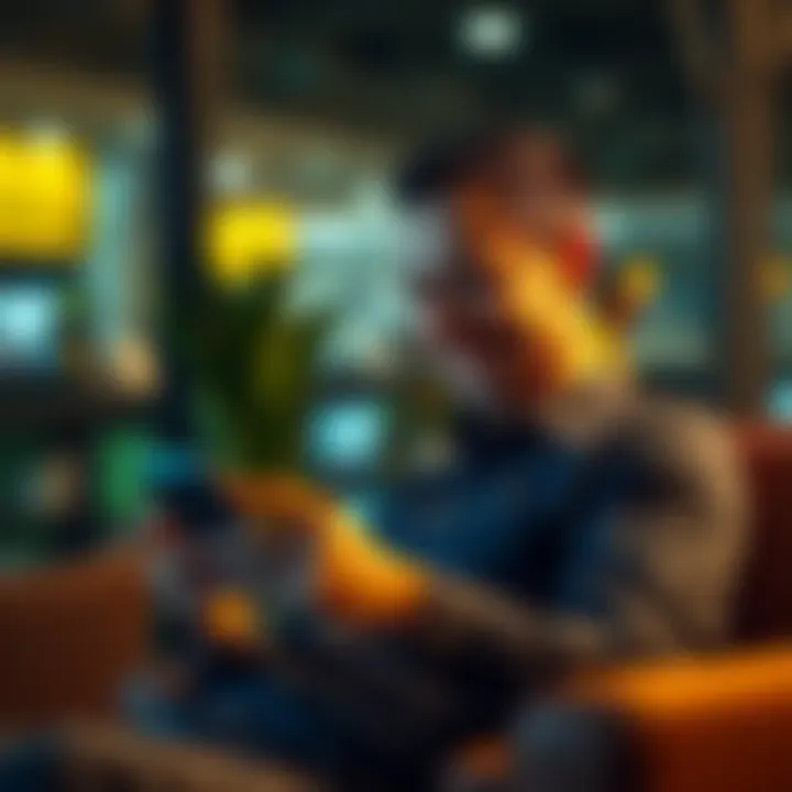 A person sitting comfortably while checking cryptocurrency prices on a smartphone, with a relaxed and content expression