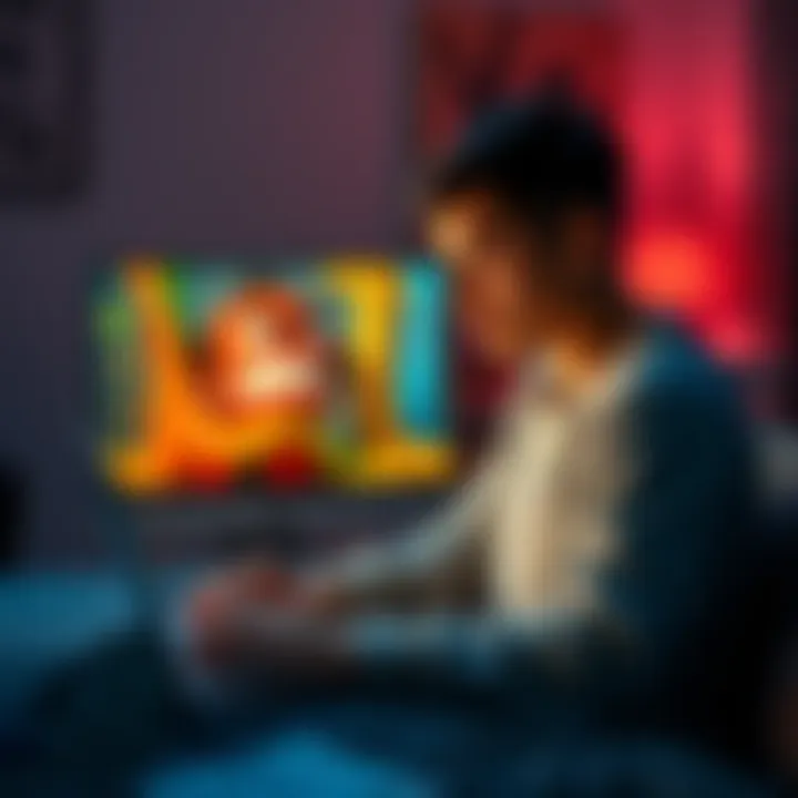 A person sitting in front of a laptop, surprised while watching a video featuring an animated angry character and colorful slime