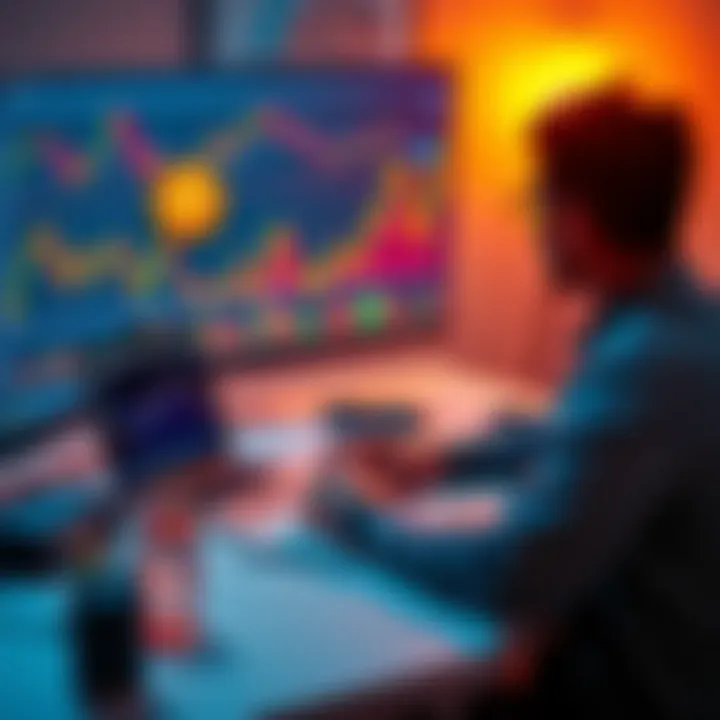 Individual at a desk with a laptop and bitcoin charts