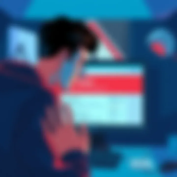 A person looking worried while viewing a fraudulent Trezor phishing site on their computer with a warning sign in the background.