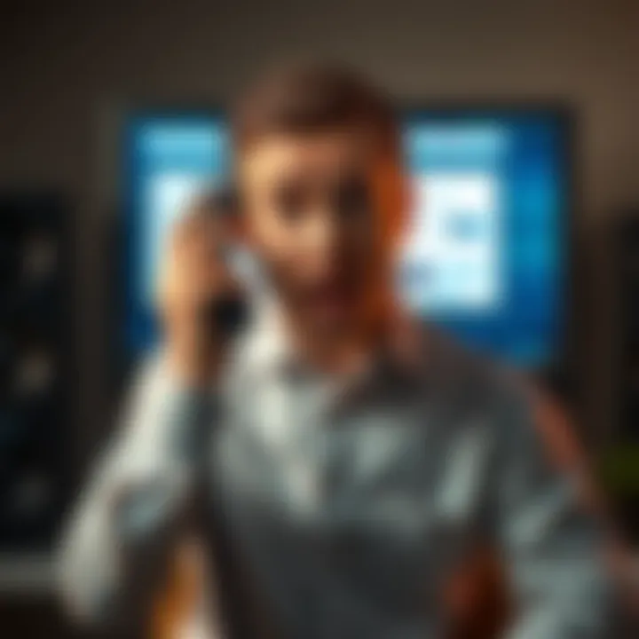 A distressed person holding a phone, looking shocked as they realize they've been scammed, with a computer screen showing an empty wallet behind them.