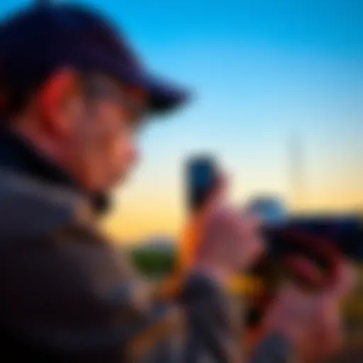 A photographer holding an external light meter outdoors, measuring light for a photo shoot