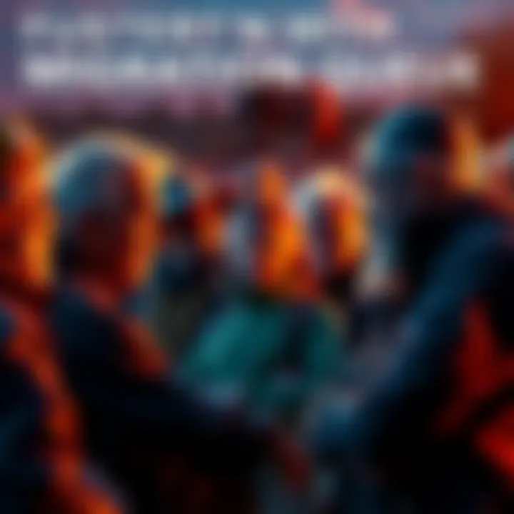 A group of older pioneers gathered, visibly frustrated, talking about long waits in the migration process while newcomers are prioritized.