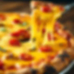 A pizza topped with a thick layer of melted cheese, showing gooey stretch, ready to be served.
