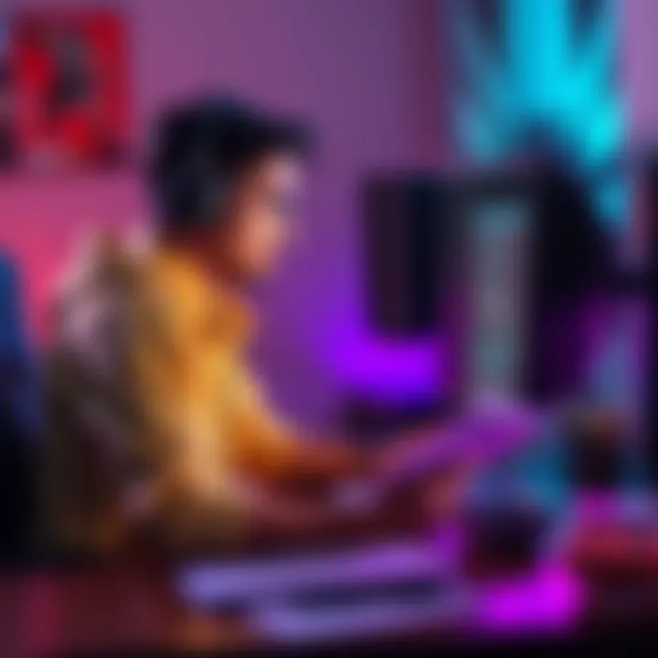 Gamer sitting at a desk, focused on reading gaming patch notes on a computer screen, with notes and snacks nearby
