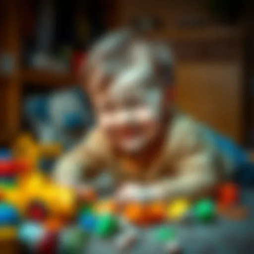 A young child with a mischievous grin playing with toys scattered on the floor