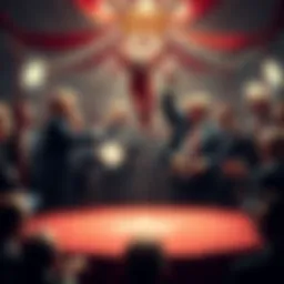 A chaotic scene with politicians debating and a circus theme, featuring clowns and acrobats representing political dysfunction in America.