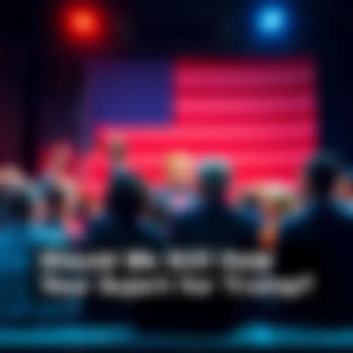 Political Debate on Trump A group of people engaged in a heated discussion about President Trump, some showing support and others expressing opposition, set against a backdrop of the American flag.