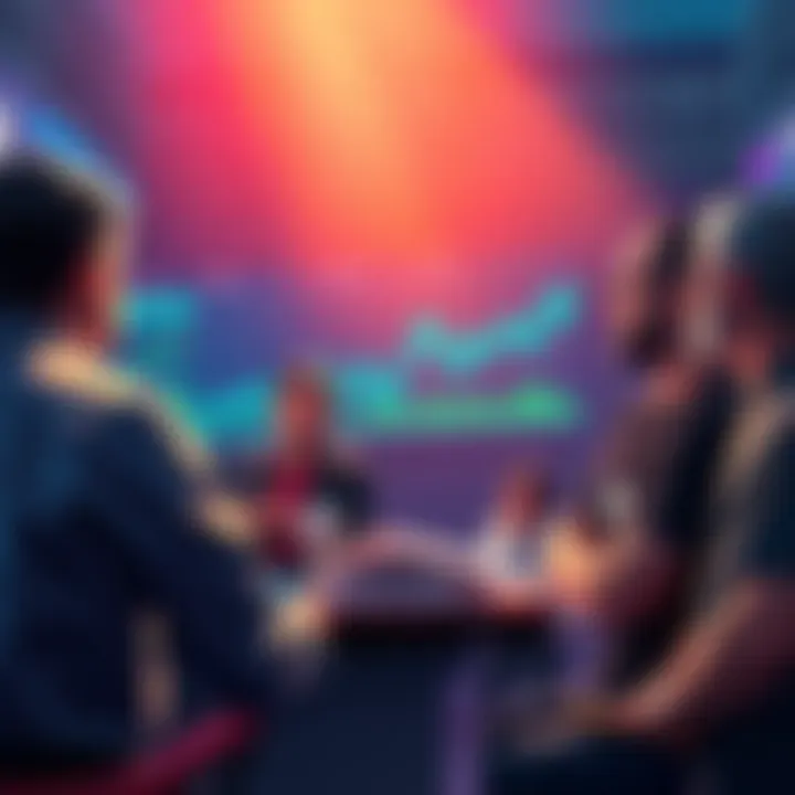 A group of people discussing cryptocurrency trends and predictions, with charts and graphs visible.