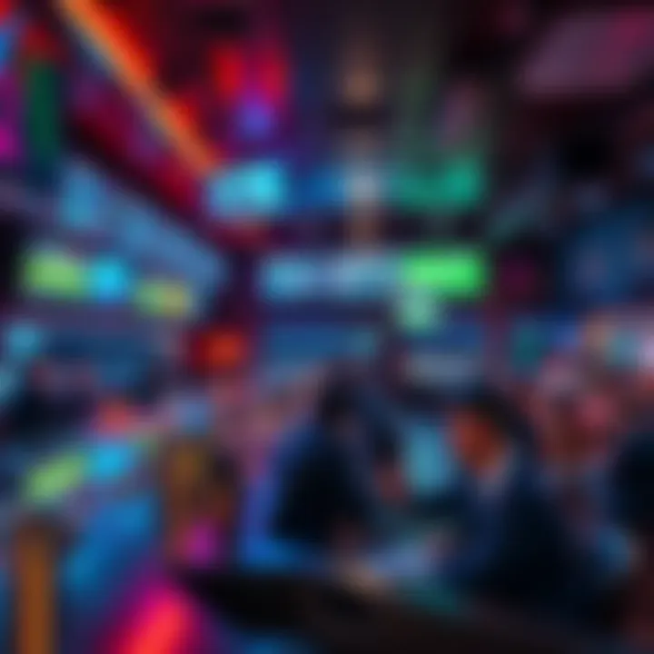 A lively sports bar with screens showing live events and people engaging in betting and discussions.