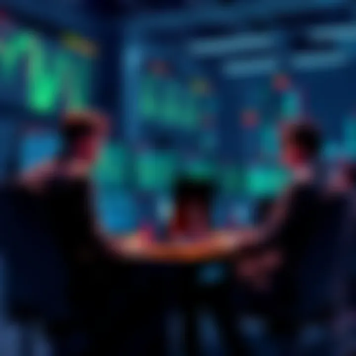 A group of professionals sitting at a trading desk analyzing data and making decisions on prediction markets.