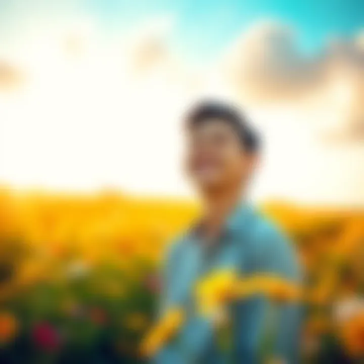 A person smiling while standing in a sunny field, surrounded by flowers, embodying positivity and motivation