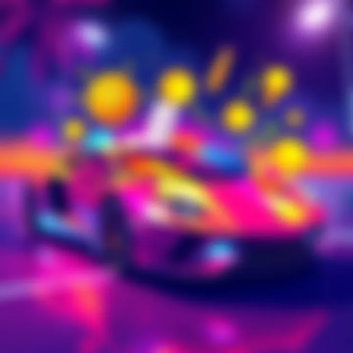 A vibrant illustration showing a luxurious car, luxury items, and symbols of community engagement representing the $POWSCHE memecoin. Bright colors highlight the idea of financial freedom and lifestyle rewards.