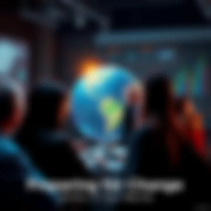 People discussing future changes with a globe and charts in the background