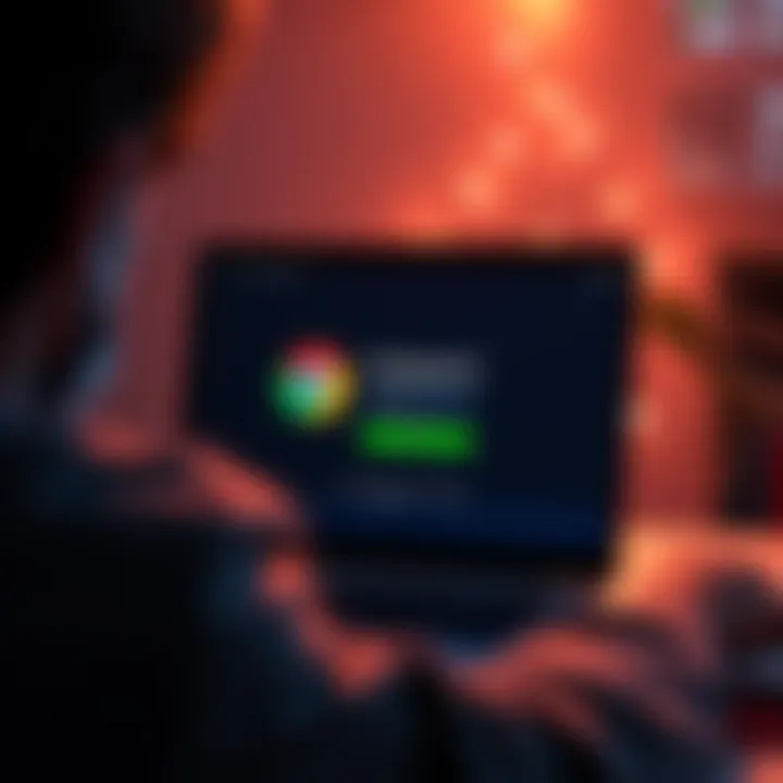 A frustrated person looking at a laptop screen showing the Presearch logo and a log-in prompt