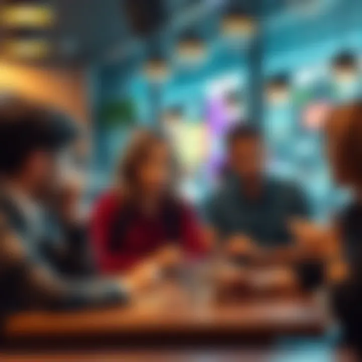 People discussing the recent price surge at the 74 mark in a coffee shop setting, some looking concerned and confused.