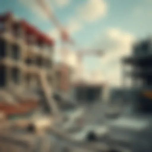 A broken construction project site with scattered materials and unfinished structures.