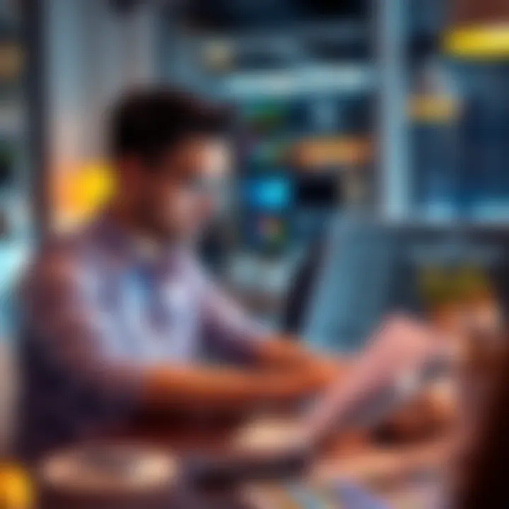 A digital marketing professional using a laptop with Pi logo on the screen and promotional materials around.