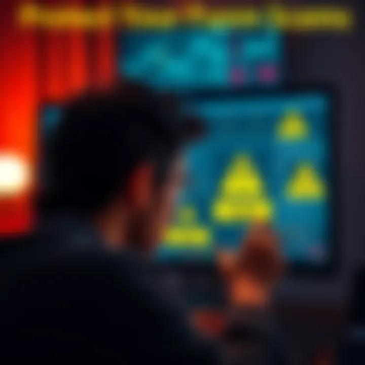 A person examining a computer screen with warning signs about smart contract scams