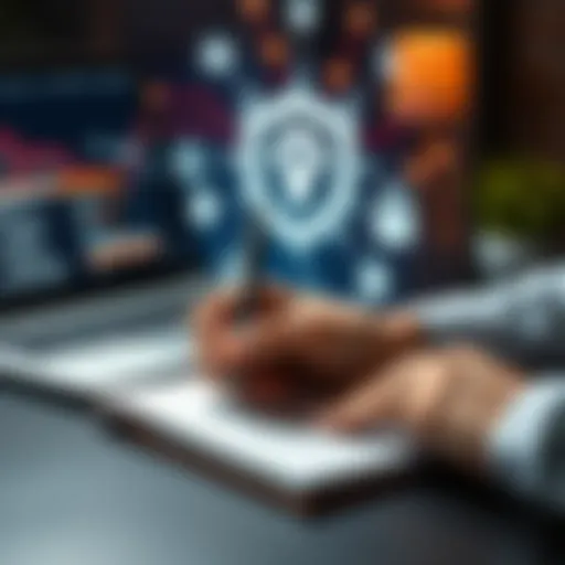 A person writing down a seed phrase for a hot wallet securely on a notepad, with a laptop and digital security symbols in the background.