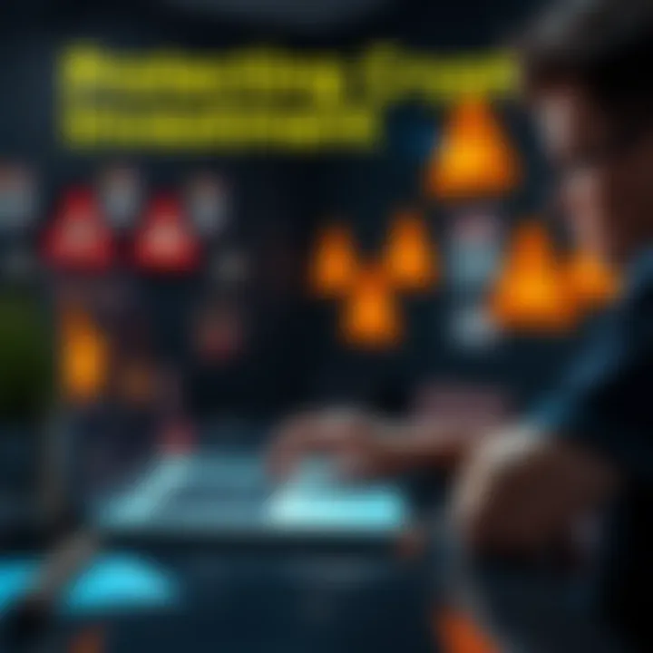 A person checking a cryptocurrency project on a laptop with warning signs visible in the background