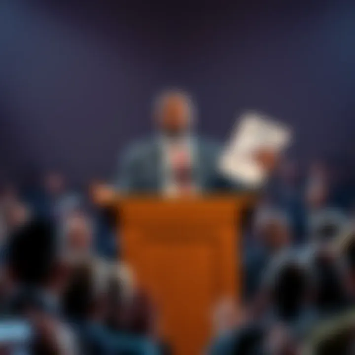 A public figure stands at a podium, passionately speaking about social justice while holding documents that contrast his message. The audience appears divided in their reactions.