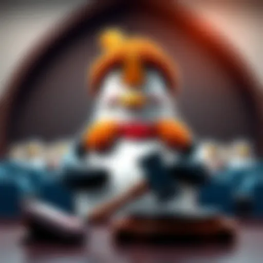 A cartoon penguin character representing Pudgy Penguins facing legal challenges from an apparel brand, with a courtroom backdrop and gavel.