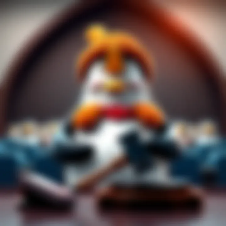 A cartoon penguin character representing Pudgy Penguins facing legal challenges from an apparel brand, with a courtroom backdrop and gavel.