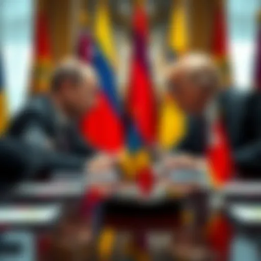 Putin and Trump Meeting Russian President Vladimir Putin and former President Donald Trump discuss peace talks for Ukraine at a table with flags in the background.