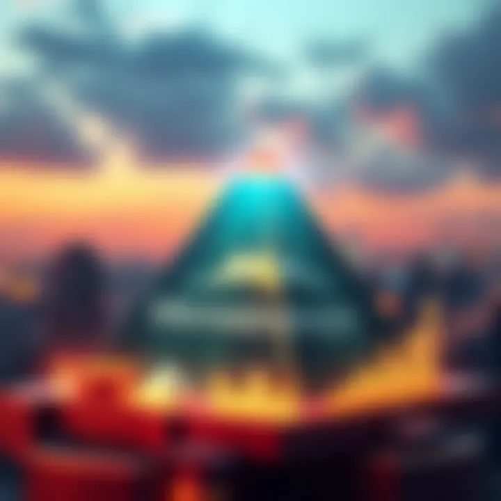 A pyramid structure representing business strategy, with Microstrategy logo and financial charts around it, symbolizing growth and direction.