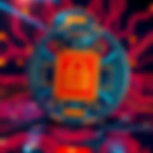 A visually striking representation of a quantum computing security chip protecting digital assets from potential threats, symbolizing safety and advanced technology.