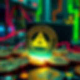 Illustration showing a digital representation of quantum computing with a warning symbol over BCH coins.