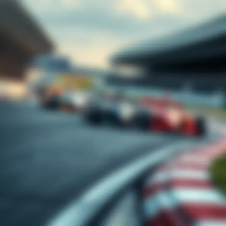 Race cars speeding around a track with a blurred background, highlighting the intensity of competition.