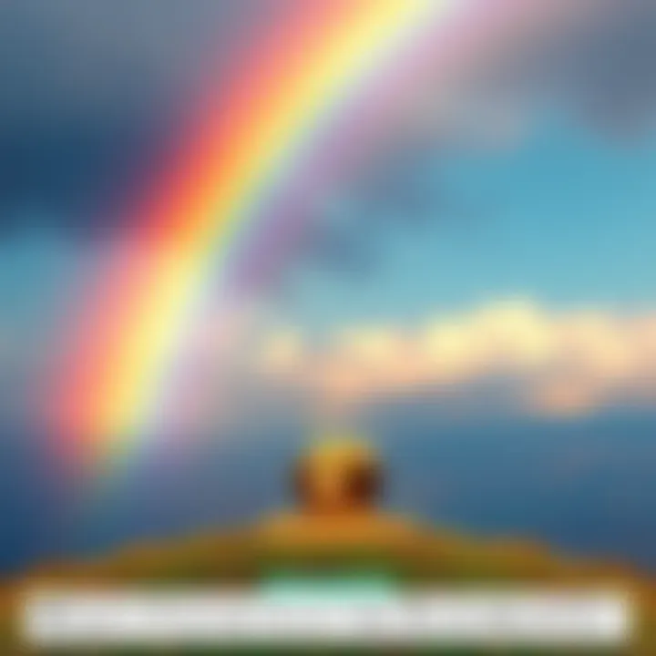 Rainbow Over a Pot of Gold A vivid rainbow stretching across the sky with a pot of gold at its end, symbolizing fortune and dreams, surrounded by a colorful landscape.