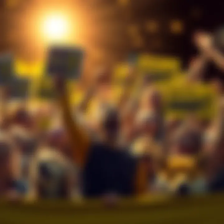 A group of people holding Dogecoin signs and banners, cheering and showing support for the cryptocurrency, with a bright background symbolizing hope and enthusiasm.
