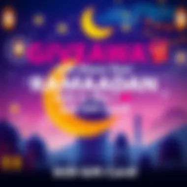 A colorful graphic inviting people to share their Ramadan habits. Includes a crescent moon and a gift card icon.