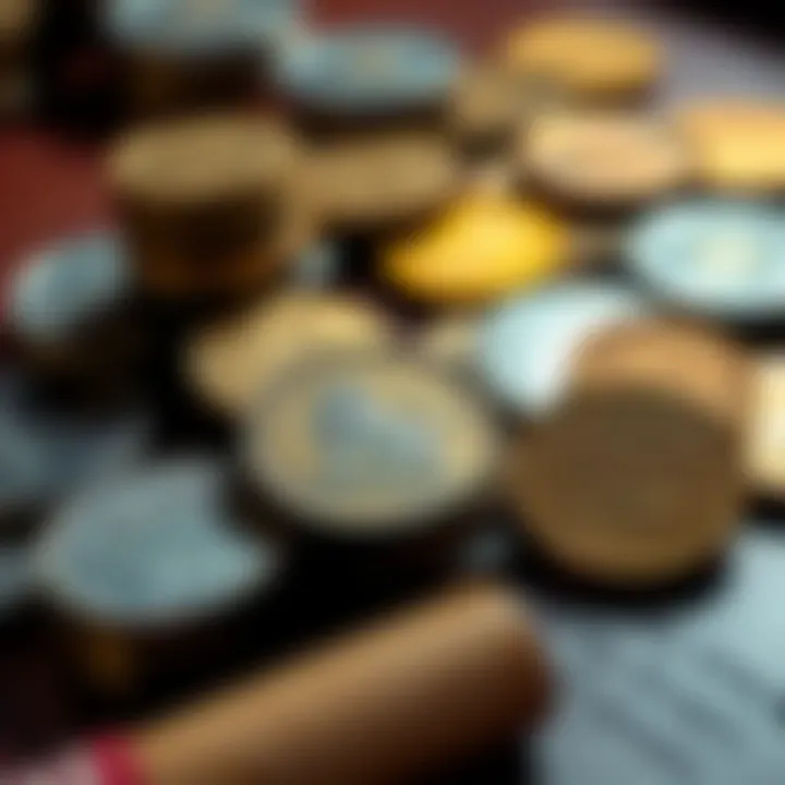 A selection of rare European coins including Lion Daalder and Wildman Thaler displayed on a table.
