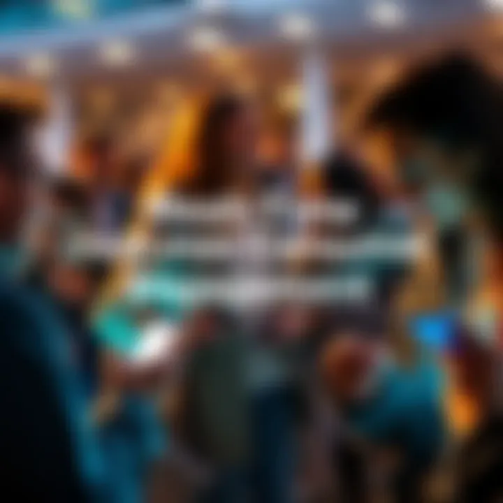 A group of people using smartphones to engage with a brand in real-time, showing excitement and interaction.