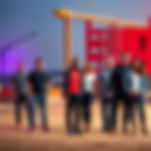 A group of uncharismatic contestants standing on a construction site for a reality show, looking disengaged.