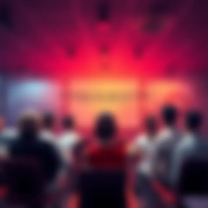 A group of people discussing current events in a community setting with charts and graphs in the background