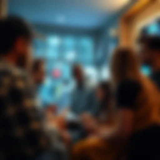 People discussing recent news and its effects on everyday life in a community setting.