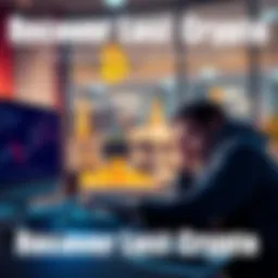 Recover Lost Crypto A person looking concerned while checking their cryptocurrency wallet and blockchain explorer on a laptop, with a small chart showing fluctuating crypto prices in the background.