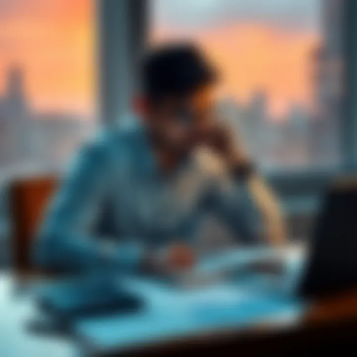 Individual sitting at a table, looking thoughtfully at financial documents, contemplating past investments and decisions, with a calculator and laptop nearby.