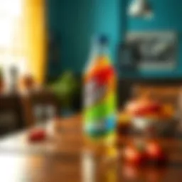 A colorful energy drink bottle on a wooden table, with a bright background showing sunlight and a few energy-boosting snacks nearby.