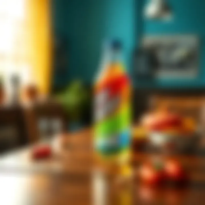 Refreshing Energy Drink Bottle A colorful energy drink bottle on a wooden table, with a bright background showing sunlight and a few energy-boosting snacks nearby.