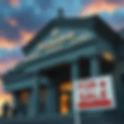 A regional bank building with a for sale sign, highlighting the financial strain of property debt.