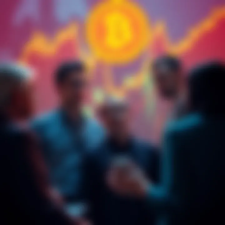 A group of worried people discussing cryptocurrency regulations with charts and graphs in the background, highlighting the urgency of the Clarity Act.