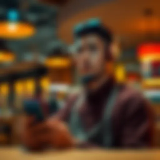 A restaurant worker holding a smartphone, looking frustrated while waiting for a response about a missing order.