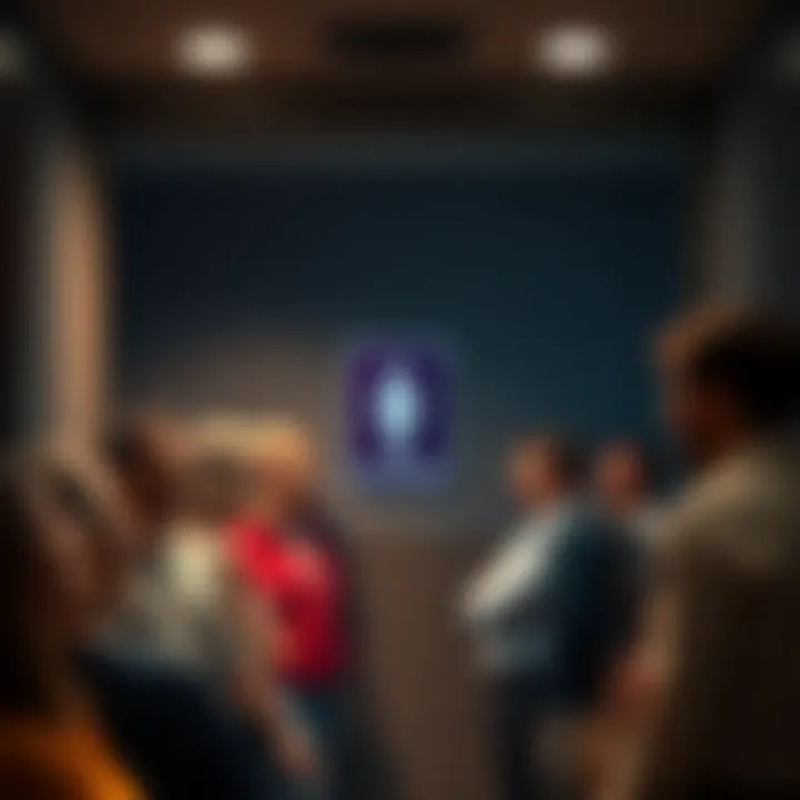 Crowd of people laughing and talking outside a restroom door with a sign indicating ladies' room