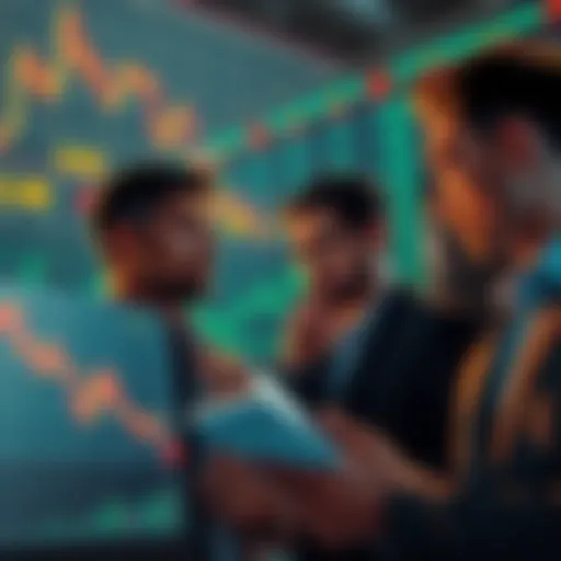 A group of retail investors looking at financial charts and Bitcoin prices, contemplating potential buying opportunities in the market.